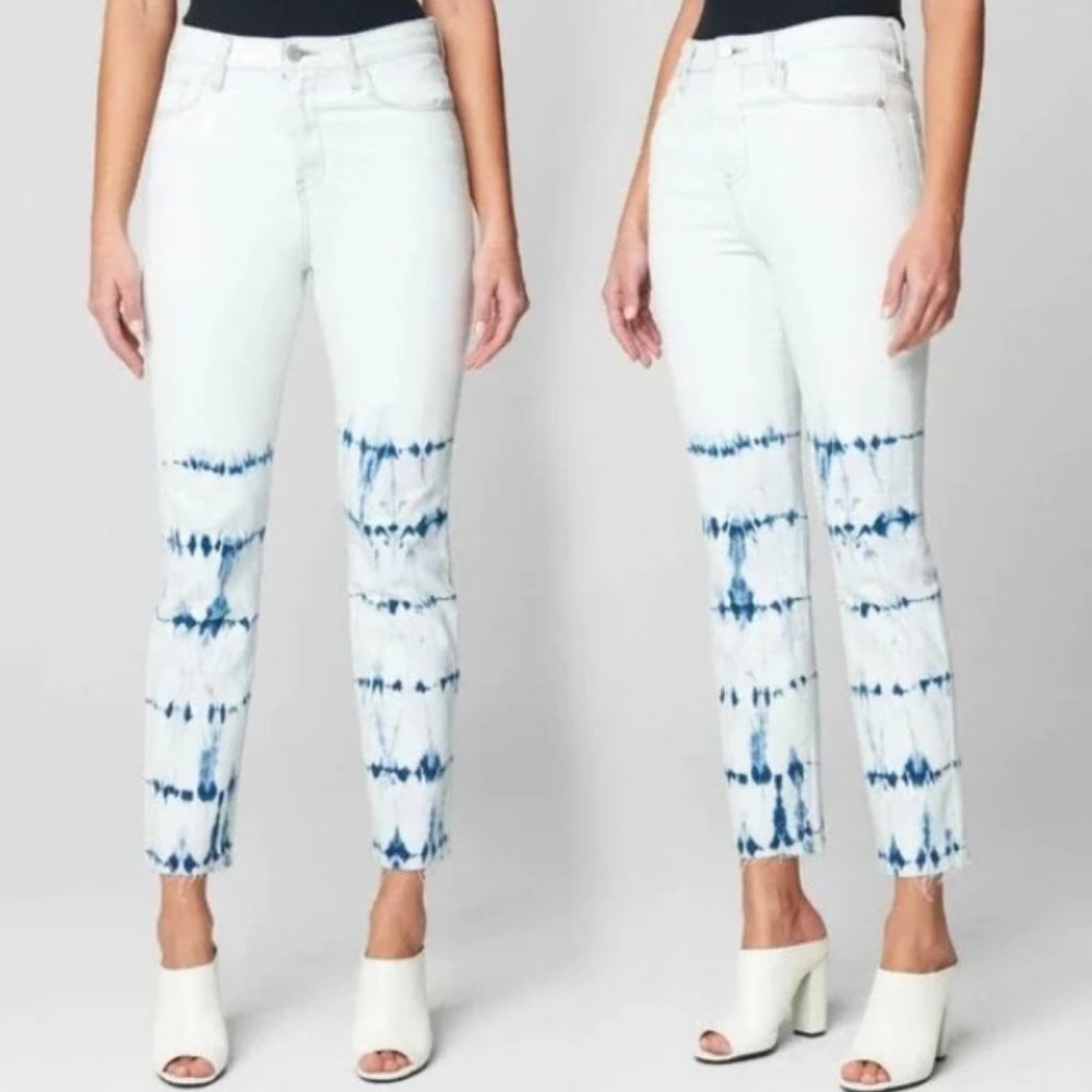 Blank NYC White Denim Ankle Jeans with Blue Tie-Dye